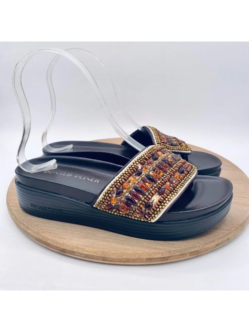 Donald Pliner Sandals Womens 6 Brown Leather Beaded Slides Luxury Italy